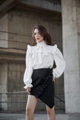 Mona Long Bishop Sleeve High Neck Frill Silk Blouse